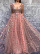 A Line Pink Star Printed V Neck Tulle Prom Dresses 