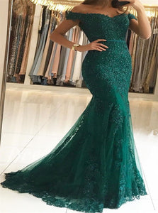 Mermaid Short Sleeves Lace Prom Dresses with Sweep Train