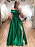A Line Off the Shoulder Green Satin Prom Dresses with Slit LBQ2665