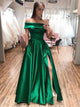 A Line Off the Shoulder Green Satin Prom Dresses