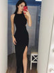 Sheath Round Neck Cut Out Black Satin Long Prom Dress with Split 