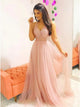 Pink  A Line V Neck Chiffon Sweep Train Prom Dresses with Beadings