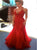 Mermaid Halter Beadings Tulle Red Prom Dresses
