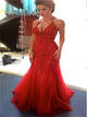 Mermaid Halter Beadings Tulle Red Prom Dresses