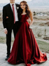 A Line Scoop Red Spaghetti Straps Satin Prom Dresses with Pockets LBQ2343