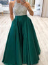 A Line Dark Green Halter Satin Sequins Prom Dress with Pockets LBQ2285