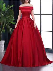 A Line Red Satin Off the Shoulder Prom Dresses