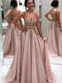 A Line V Neck Beading and Appliques Tulle Prom Dresses LBQ1215