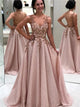 A Line V Neck Beading and Appliques Tulle Prom Dresses