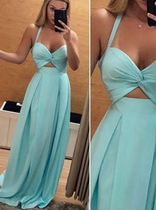 A Line Halter Chiffon Pleats Green Prom Dresses 