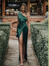 Sheath One Shoulder Satin Green Slit Prom Dresses LBQ2198
