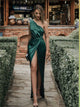 Sheath One Shoulder Satin Green Slit Prom Dresses