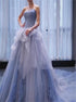 Blue Ball Gown Strapless Tulle Ruffles Prom Dress LBQ1834