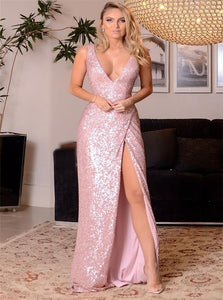 Sleeveless Sweep Train Pink Sequins Prom Dresses