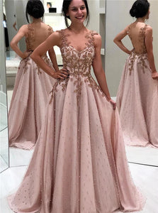 A Line V Neck Yarn Tulle Sleeveless Pink Prom Dresses with Sweep Train