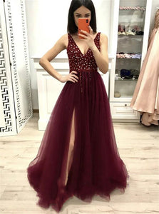 Sweep Train Beadings Red Evening Dresses