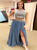 Two Pieces A Line Scoop Blue Appliques Tulle Prom Dresses