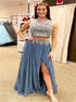 Two Pieces A Line Scoop Blue Appliques Tulle Prom Dress with Slit LBQ3143