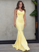 Yellow Backless Mermaid Spaghetti Straps Satin Prom Dress