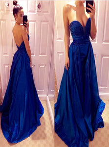 Navy Blue Sleeveless Backless Prom Dresses