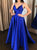 A Line V Neck Royal Blue Satin Pleats Prom Dresses