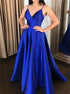 A Line V Neck Royal Blue Satin Pleats Prom Dress LBQ1551