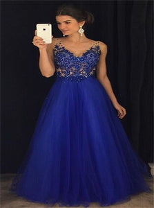 A Line V Neck Royal Blue Tulle Prom Dresses With Beadings