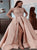 A Line Champagne Scoop Beadings Prom Dresses with Slit