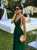 A Line Spaghetti Straps Chiffon Green Cross Criss Prom Dresses 