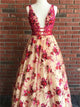 A Line Red Lace V Neck Floral Chiffon Prom Dresses
