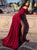 A Line Off the Shoulder Long Sleeves Satin Prom Dresses With Slit 