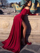 A Line Off the Shoulder Long Sleeves Satin Prom Dresses With Slit 