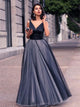 A Line V Neck Tulle Black Pleats Prom Dress LBQ2811