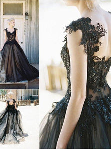 A Line Straps Sleeveless Tulle Appliques Open Back Prom Dresses