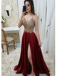 A Line Slit Burgundy Beadings Spaghetti Straps Prom Dresses