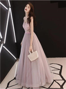 A Line Dusty Pink V Neck Sequins Tulle Prom Dresses