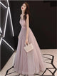 A Line Dusty Pink V Neck Sequins Tulle Prom Dresses