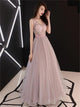 A Line Dusty Pink Open Back Tulle Prom Dresses