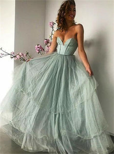 A Line Tulle Sweetheart Pleats Prom Dresses