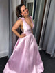 A Line V Neck Pink Satin Prom Dresses