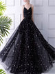 Black Spaghetti Straps Tulle Prom Dresses with Stars