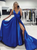 A Line Satin Navy Blue Prom Dresses with Pleats