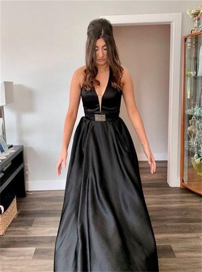 A Line V Neck Black Satin Prom Dresses | Alinepromdress A Line V Neck Black Satin Prom Dresses | Alinepromdress