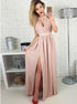 A Line Pink Halter Side Slit Chiffon Prom Dresses LBQ2720