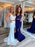 Mermaid Two Pieces V Neck Satin Appliques Prom Dresses Slit LBQ3061