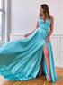 A Line Spaghetti Strap Lace Up Slit Satin Prom Dresses LBQ2682