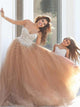 A Line Sweetheart Beadings Tulle Champagne Prom Dresses