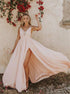 A Line Pink Spaghetti Straps V Neck Chiffon Backless Prom Dress with Slit LBQ3045