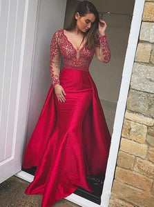 Mermaid Long Sleeves Red Lace Prom Dresses 