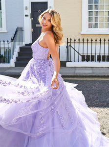Lilac Spaghetti Appliques A Line Tulle Prom Dresses
